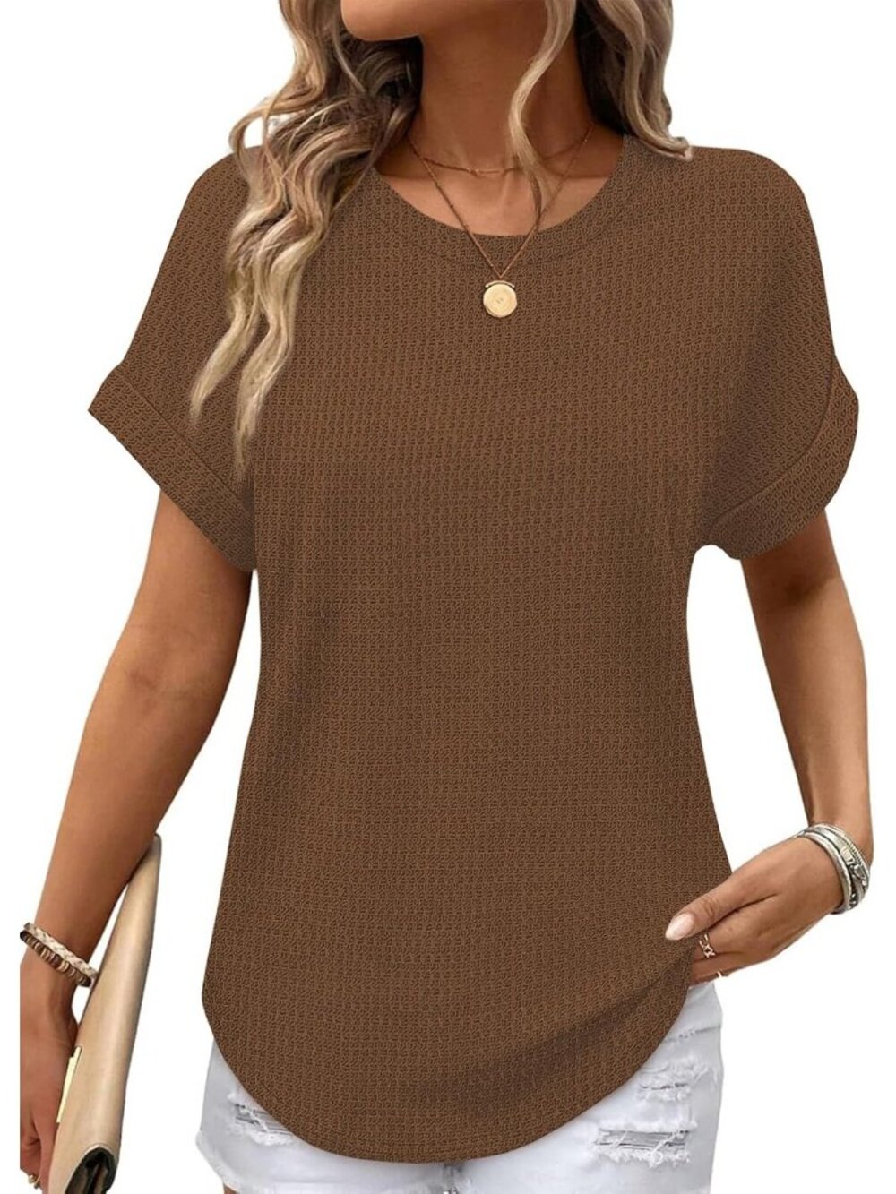 Women's Classic Brown Polyester Blend Short Sleeve V Neck Pull On Henley Shirts